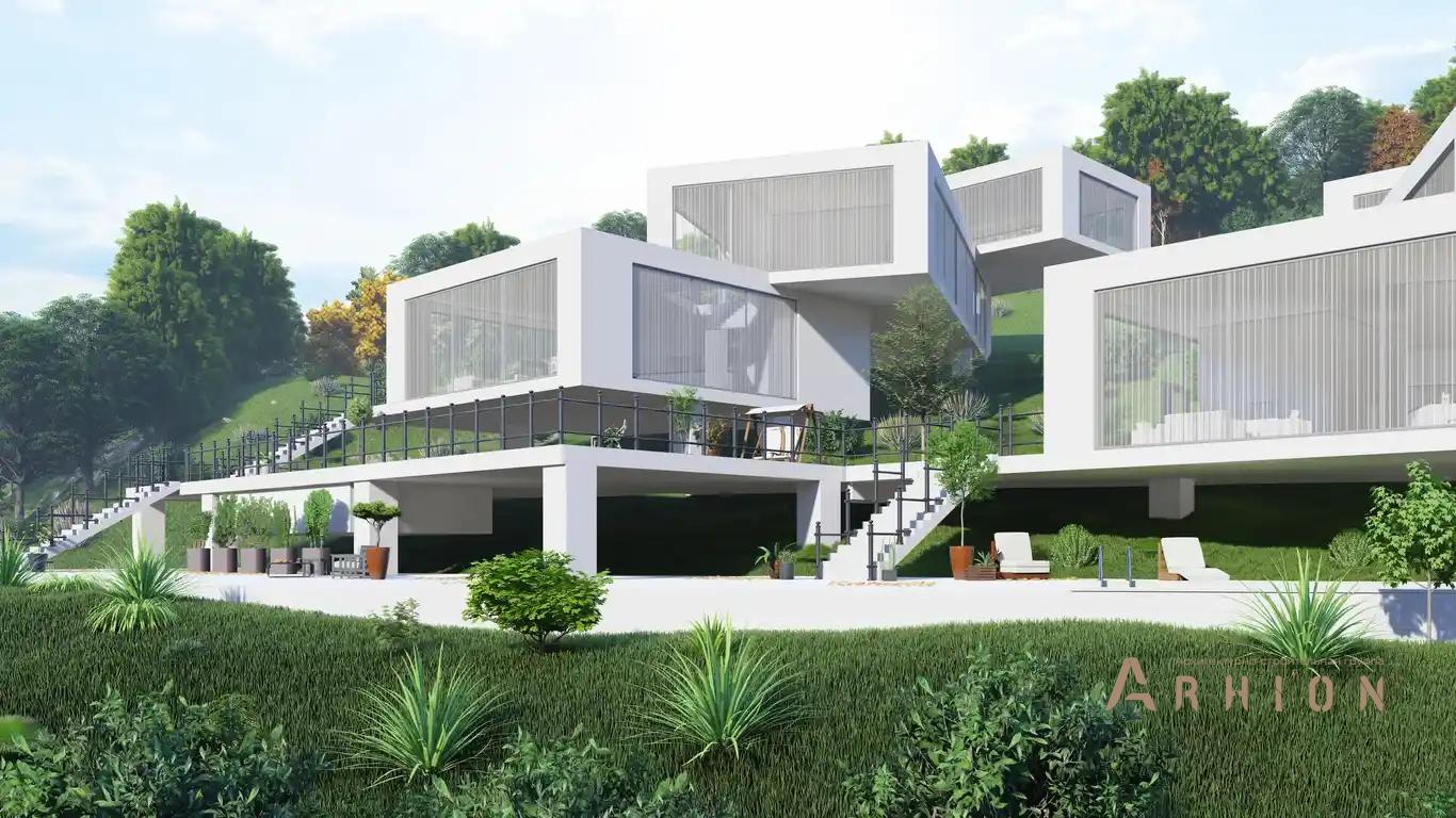 7. Проект трехэтажного дома в стиле хай-тек с плоской кровлей , h-1609, площадью - 750 кв c терассой